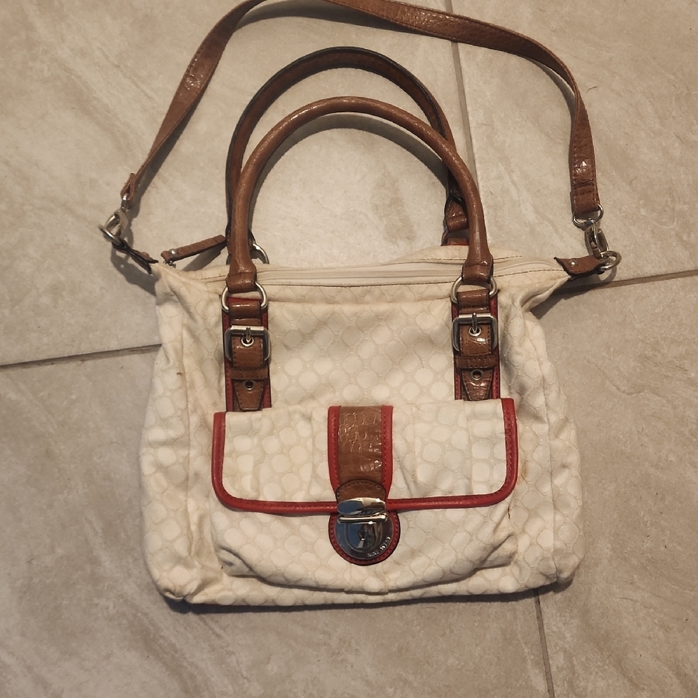 Womans Nine West Cream and Brown Shoulder Bag Leather Accents Adjustable Straps